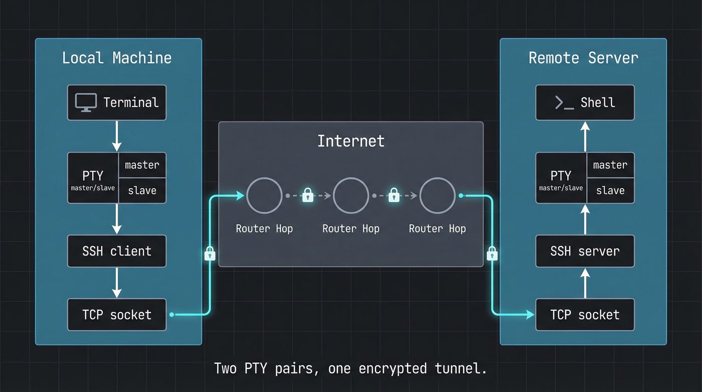 SSH key journey — two PTY pairs, one encrypted tunnel