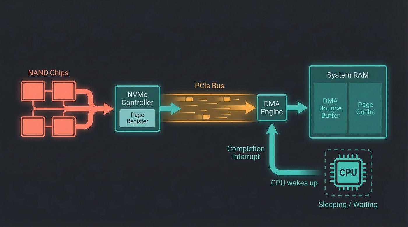 NAND to system RAM — the CPU sleeps while DMA works