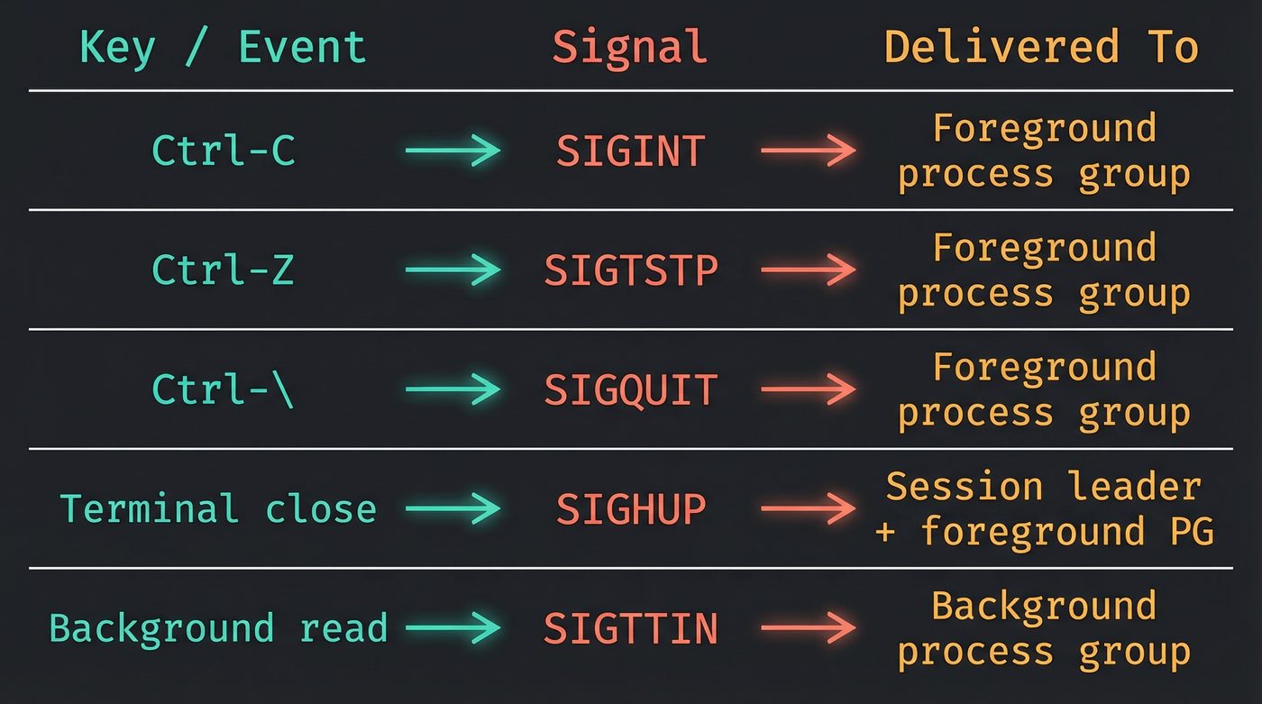 Signal delivery reference — keys, signals, and targets