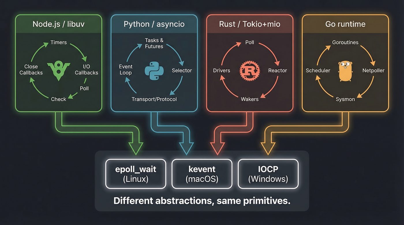Four runtimes, same primitives — epoll_wait, kevent, IOCP