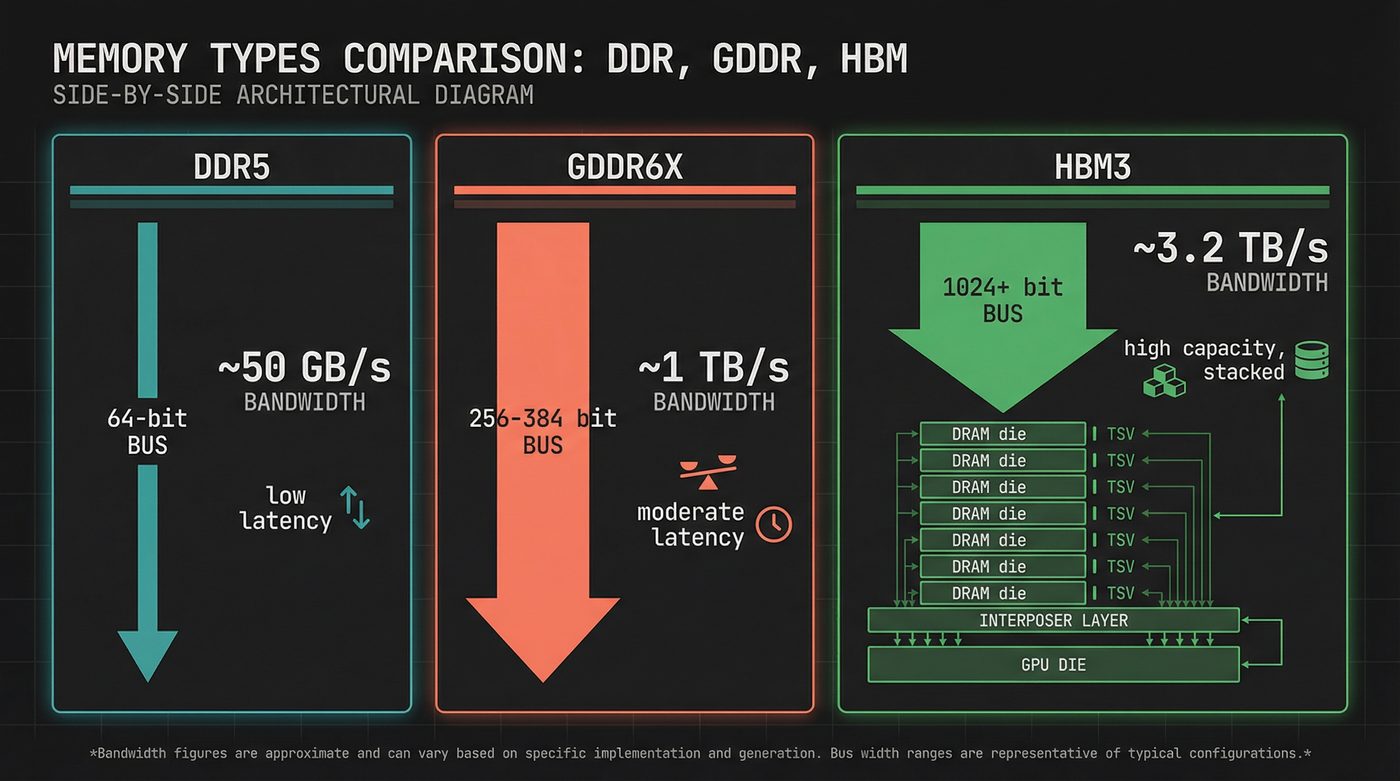 Memory types comparison — DDR5, GDDR6X, and HBM3 bus widths and bandwidth