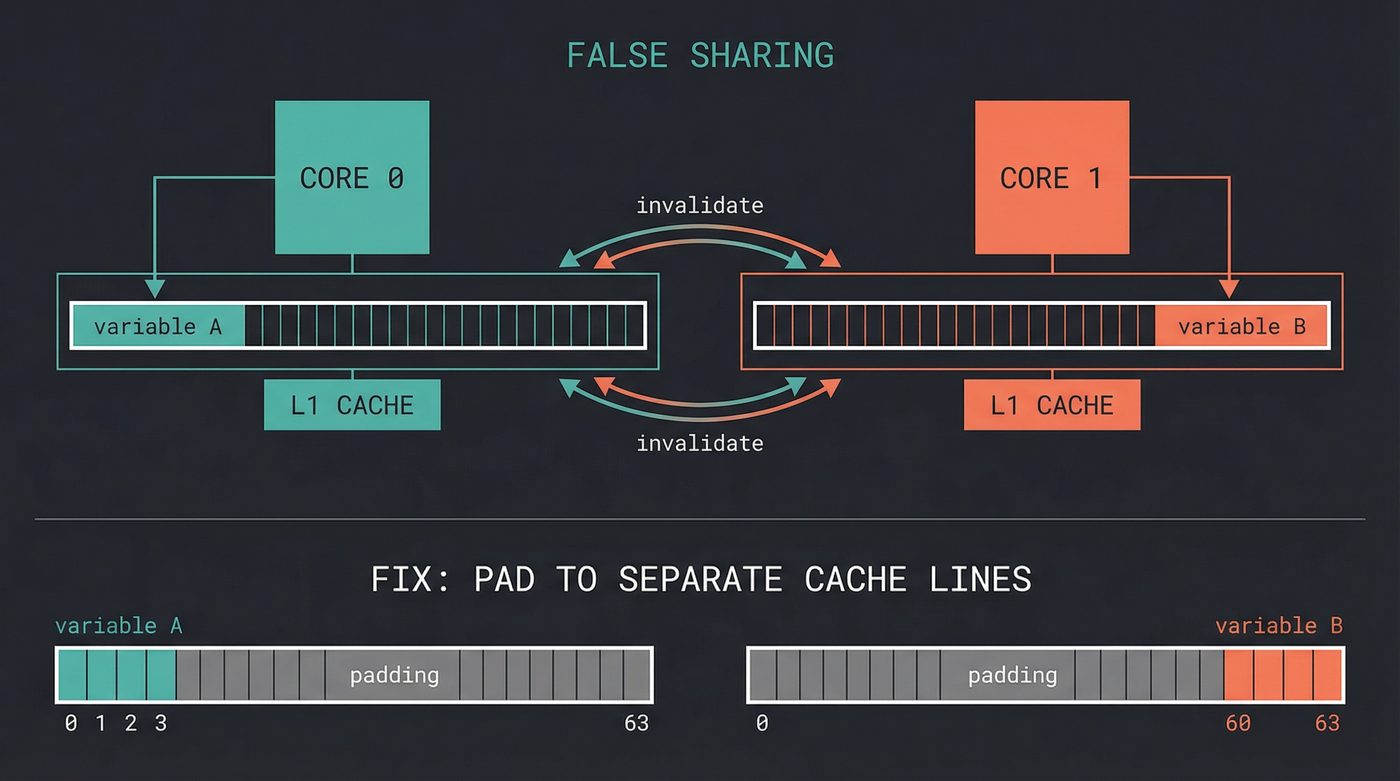 False sharing — two cores invalidating the same cache line, and the fix with padding