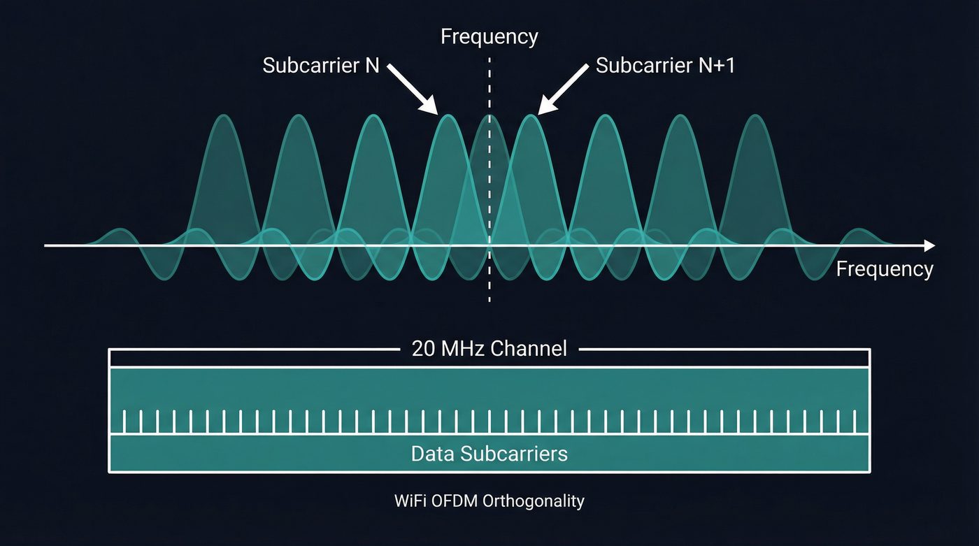 OFDM orthogonal subcarriers: overlapping waveforms with peaks at neighbors' zero-crossings, 52 subcarriers in a 20 MHz channel
