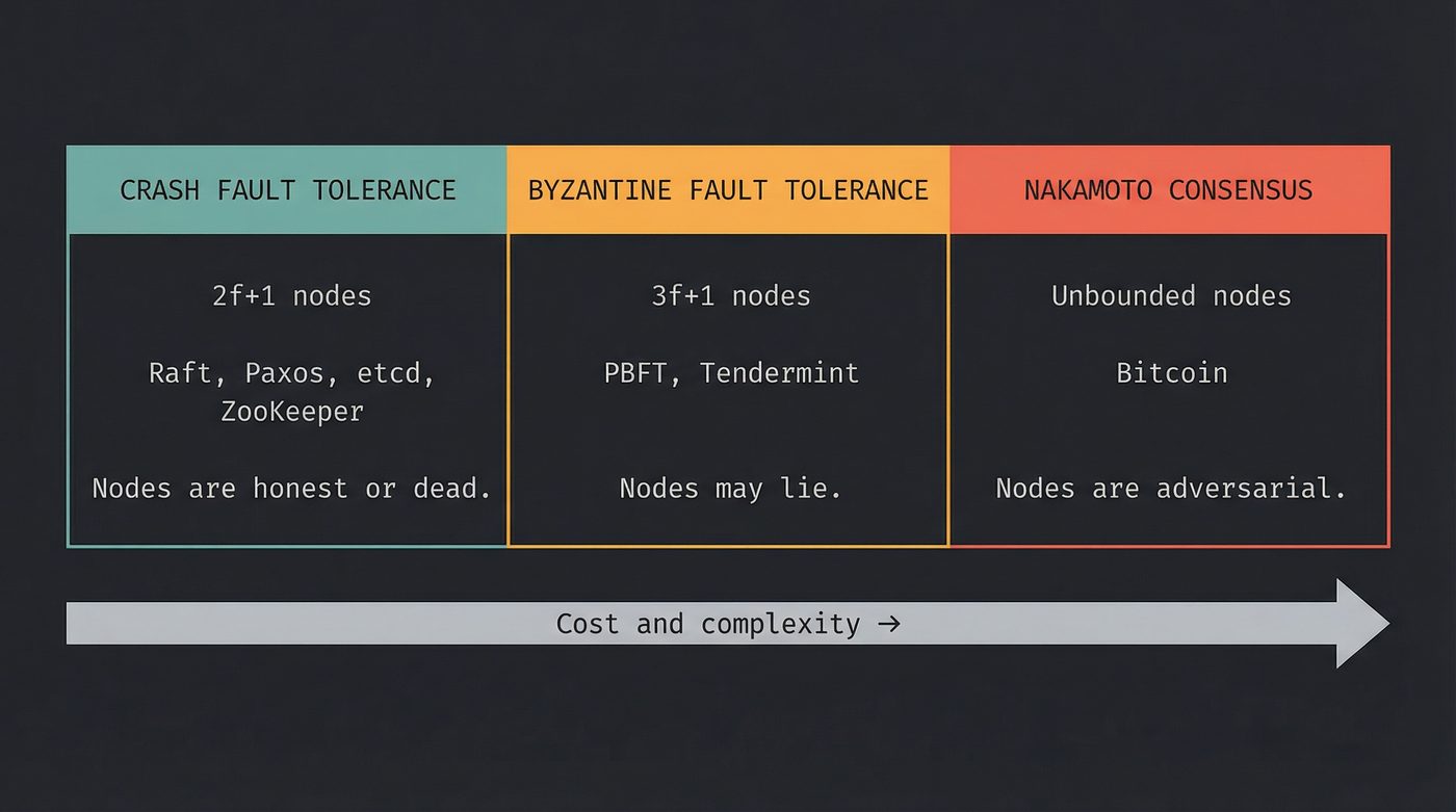 Fault tolerance spectrum: crash faults, Byzantine faults, and Nakamoto consensus — cost and complexity increasing left to right