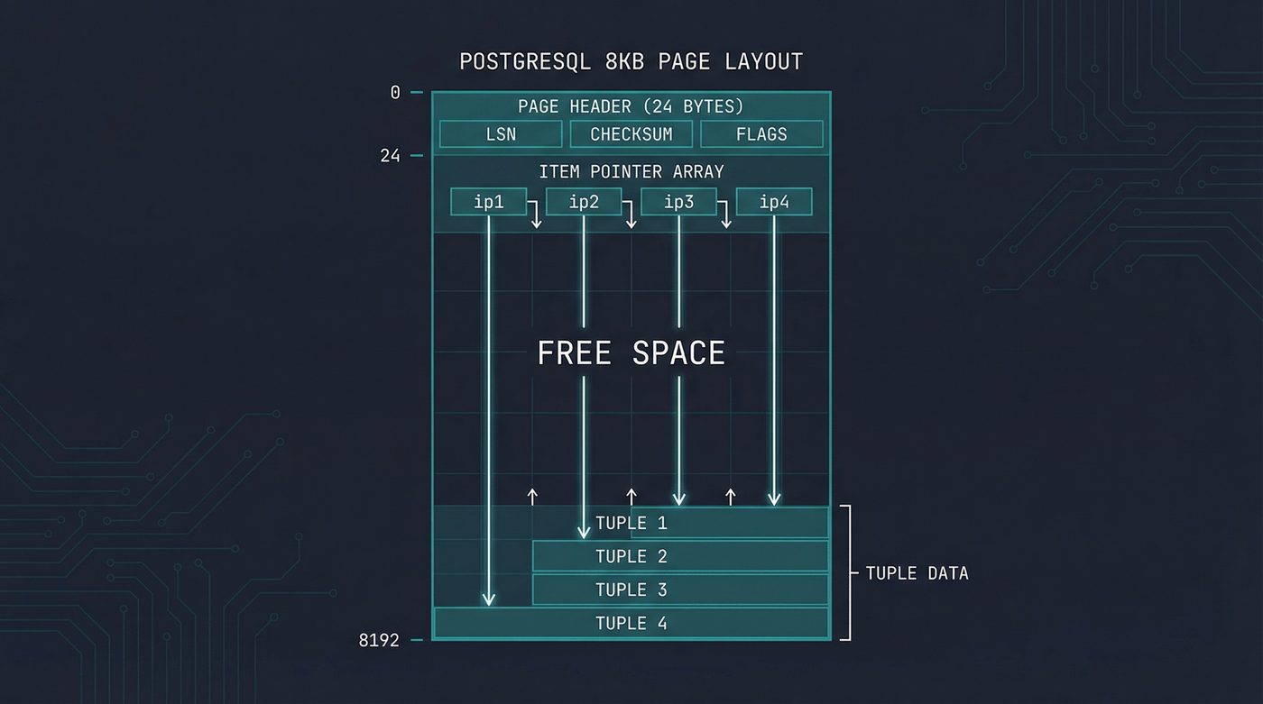 PostgreSQL 8KB page layout — header, item pointers growing down, free space, tuple data growing up