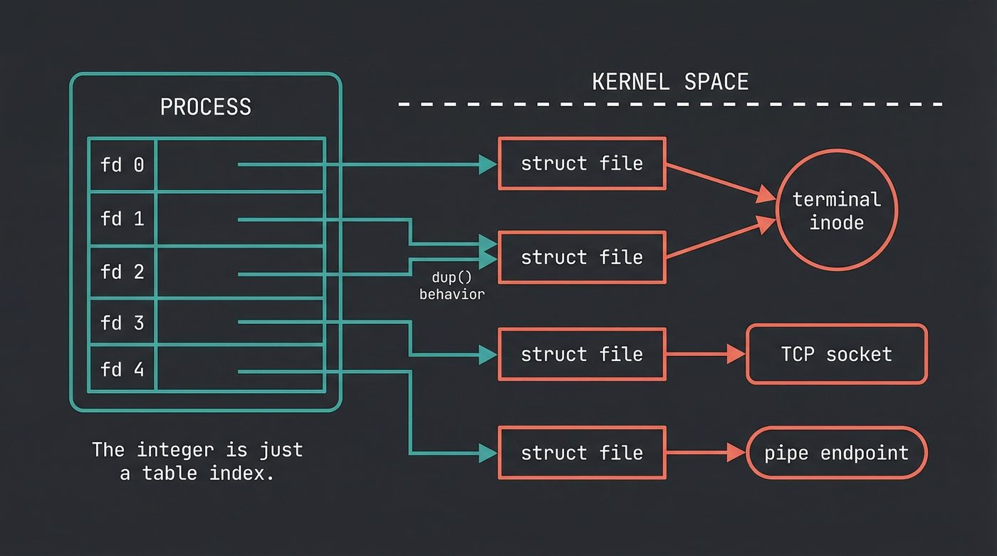 File descriptor table — the integer is just a table index