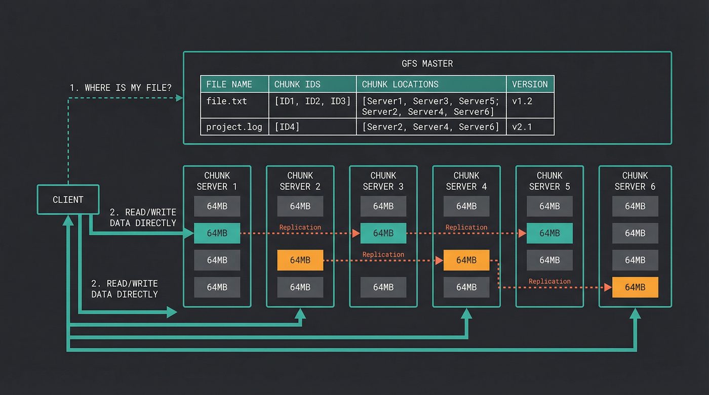 GFS architecture: single master with metadata table, six chunk servers with 64MB chunks replicated 3x, client querying master then reading data directly from chunk servers