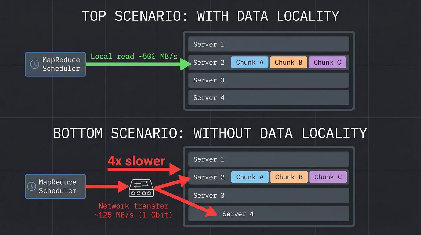 Data locality: scheduling computation on the server that holds the data (500 MB/s local read) versus transferring across the network (125 MB/s, 4x slower)