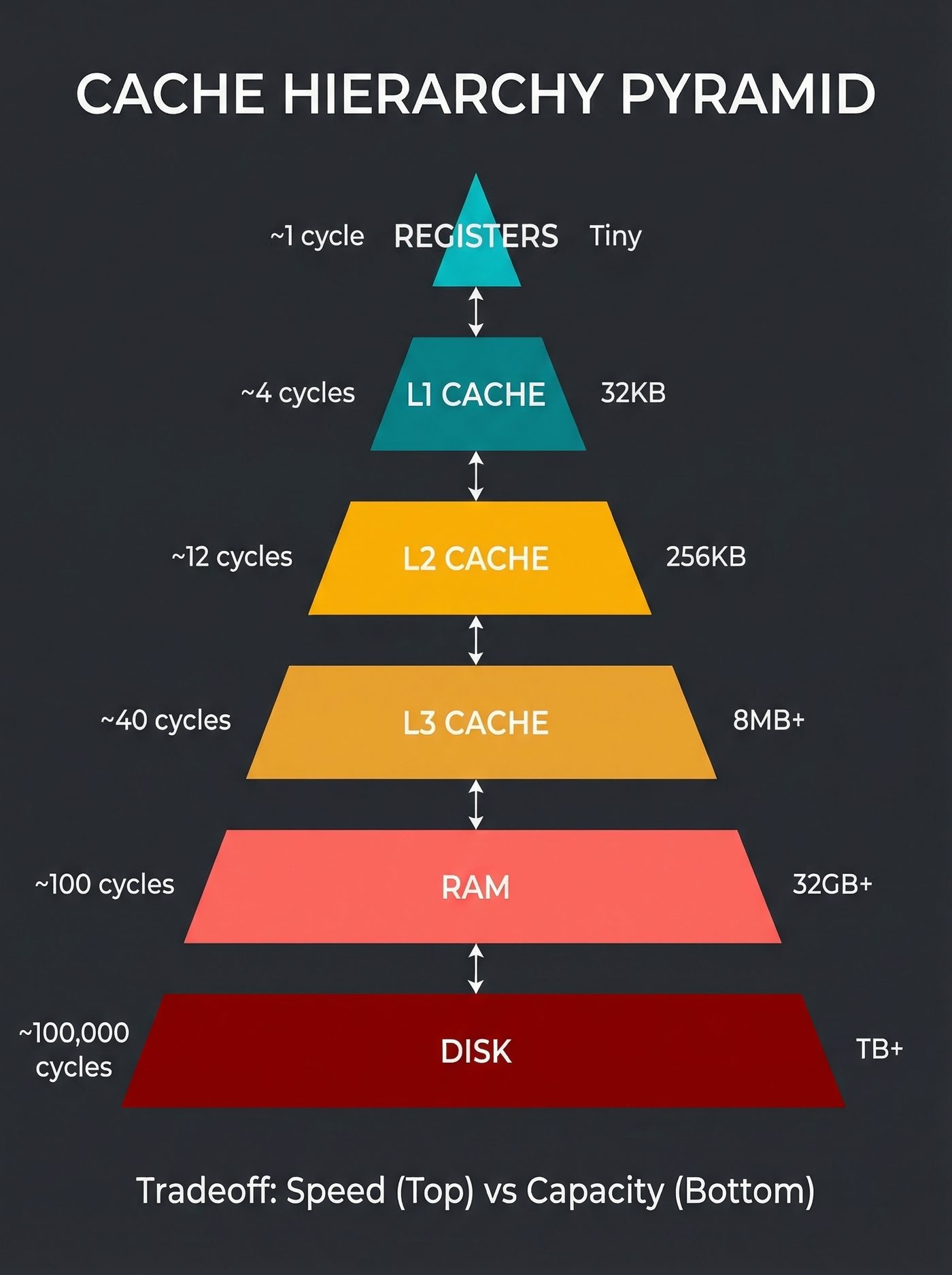 Cache hierarchy pyramid — speed vs capacity tradeoff