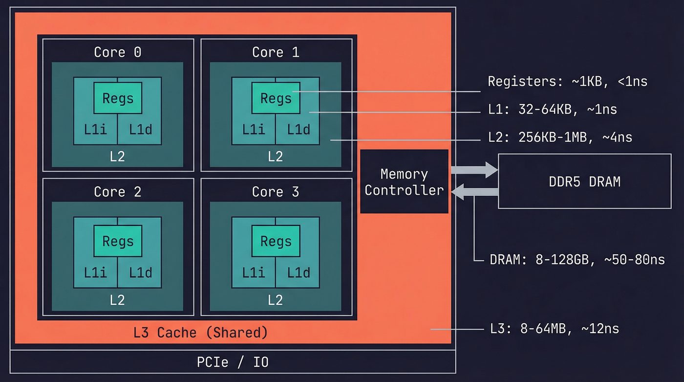 CPU die layout — registers, L1, L2 per-core; L3 shared; DRAM off-die