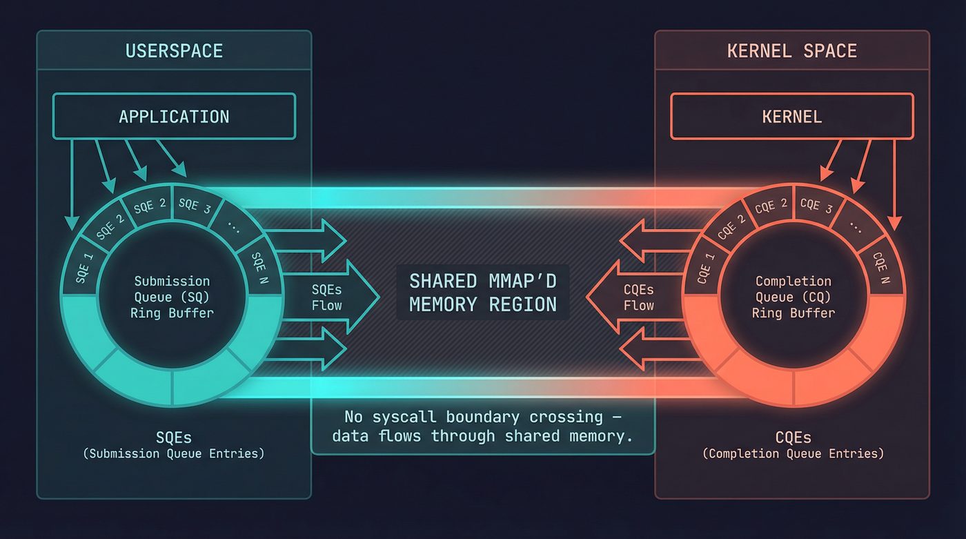 io_uring shared ring buffers between userspace and kernel