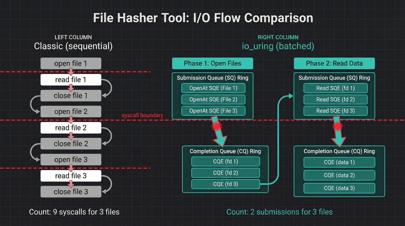 Classic sequential vs io_uring batched I/O flow comparison