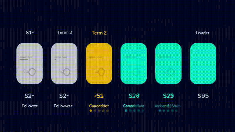 Raft leader election — timer expiry, vote requests, majority, heartbeats