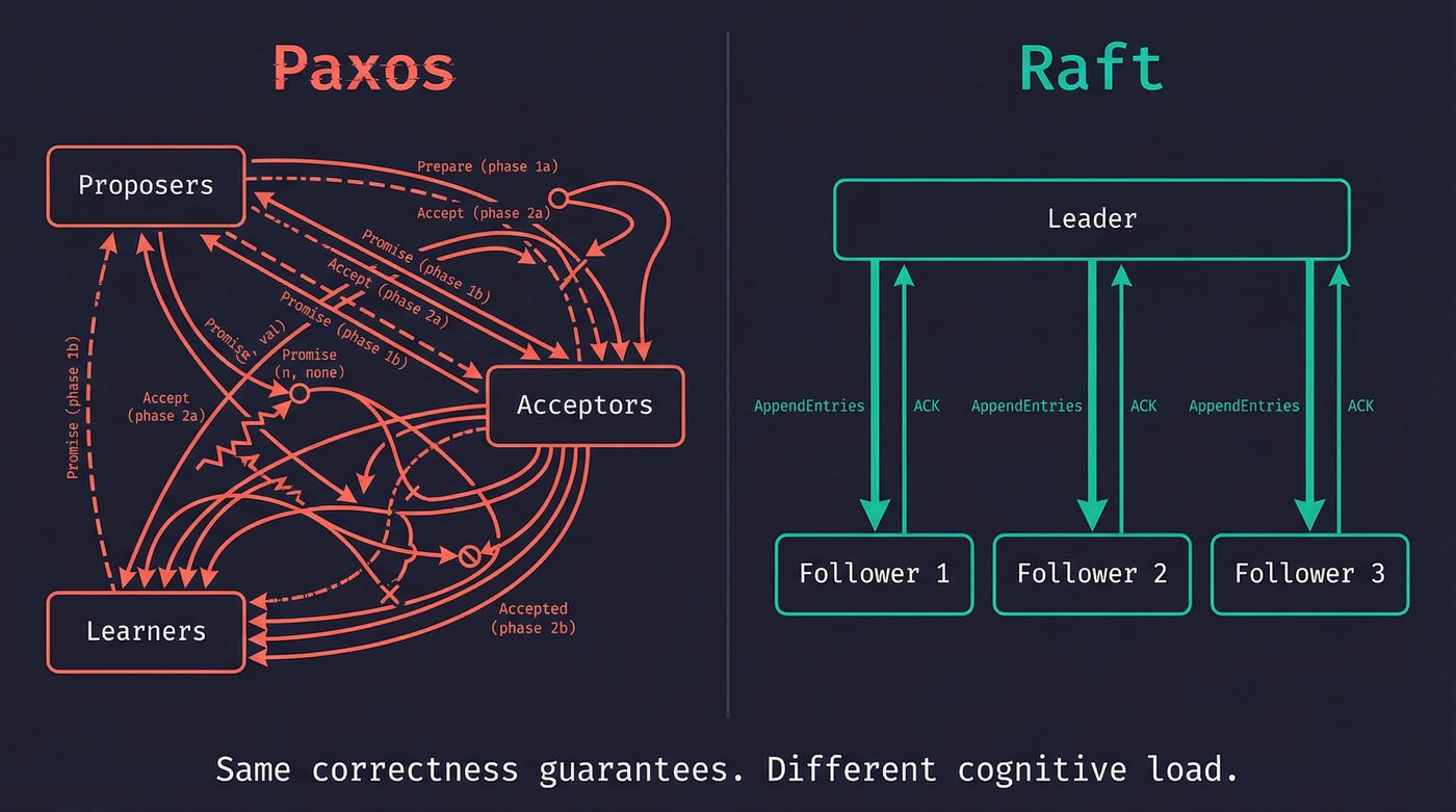 Raft vs Paxos — same correctness guarantees, different cognitive load