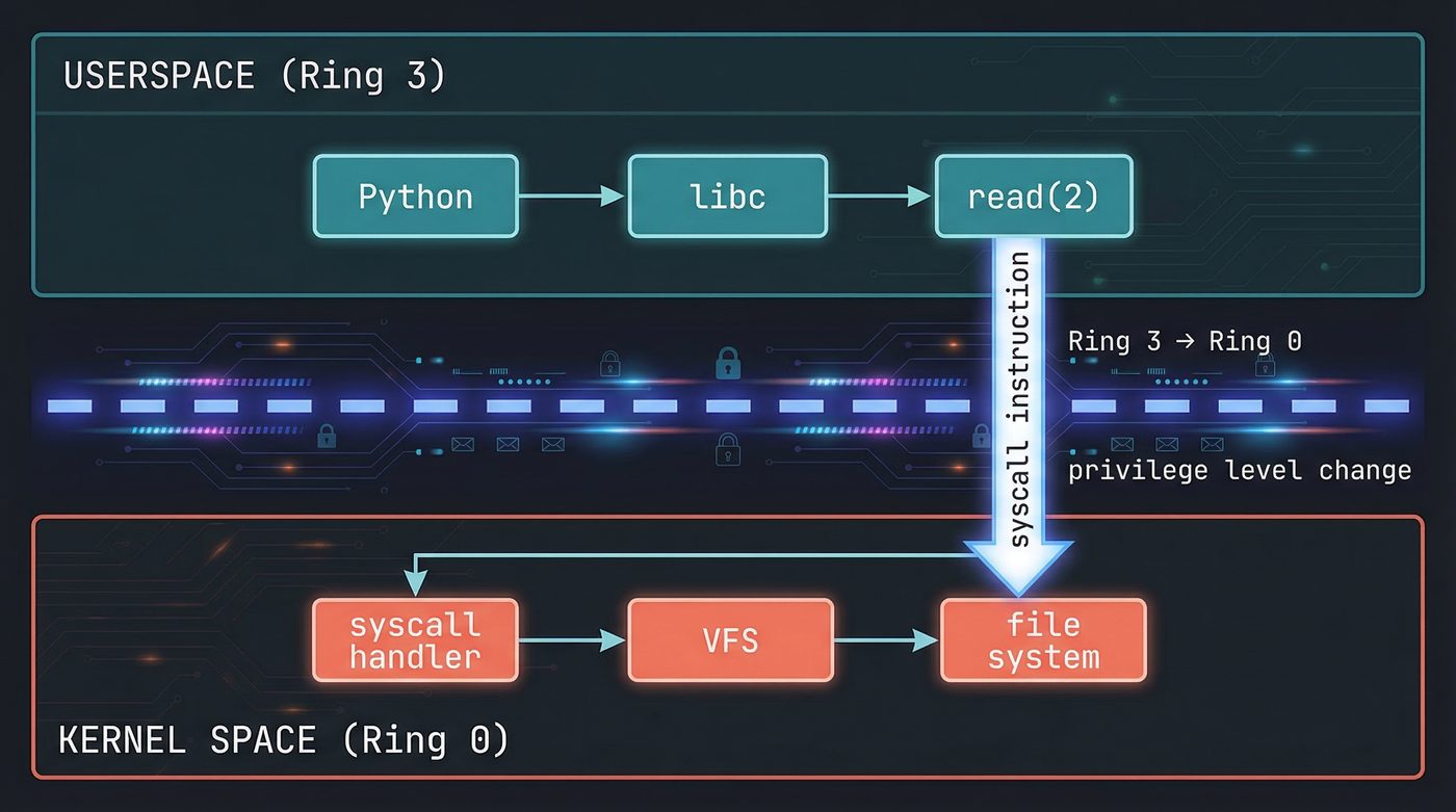 Syscall boundary — Ring 3 to Ring 0