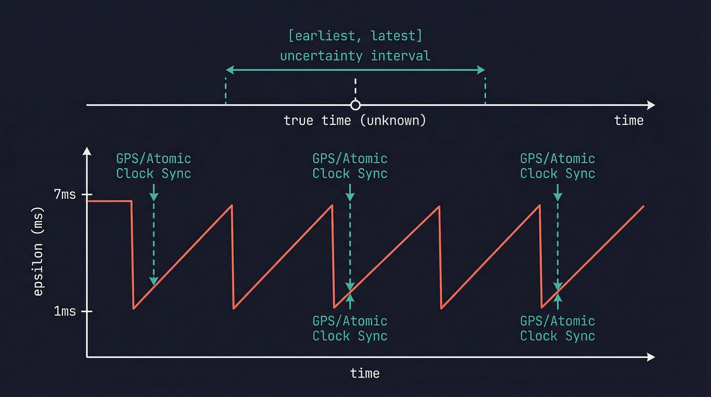 TrueTime uncertainty interval and epsilon sawtooth wave between GPS/atomic clock syncs