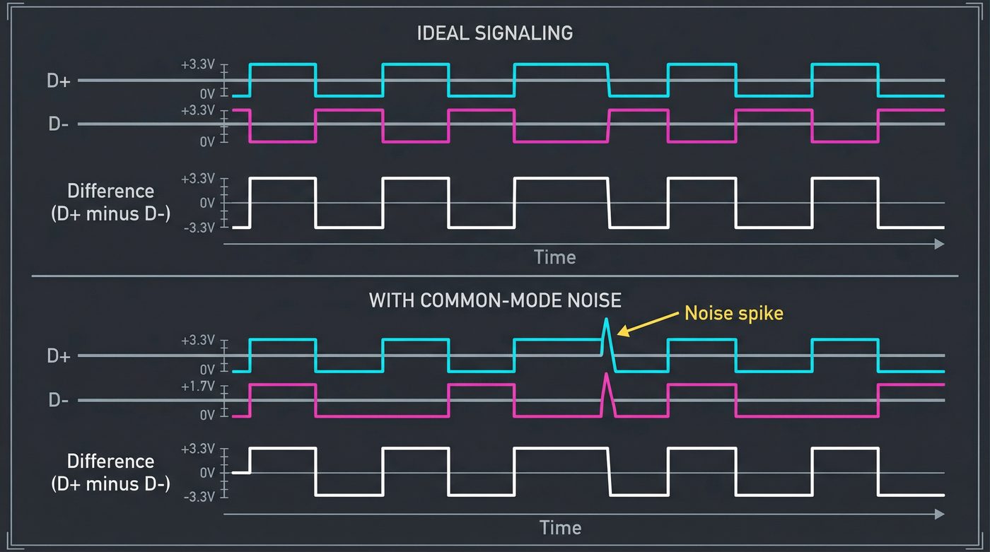 USB differential signaling — D+ and D- waveforms with common-mode noise rejection