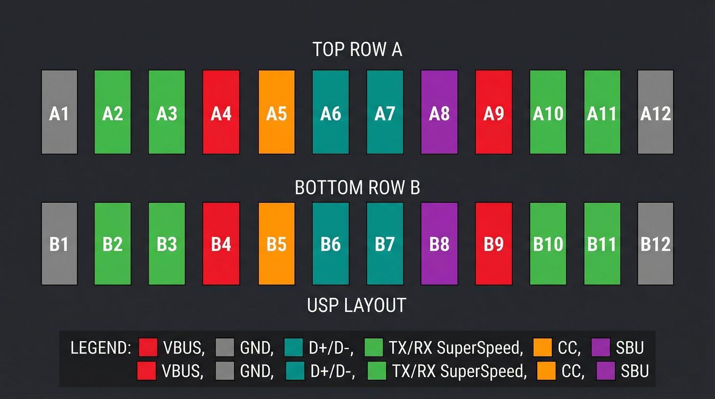 USB-C 24-pin connector layout with color-coded pin groups