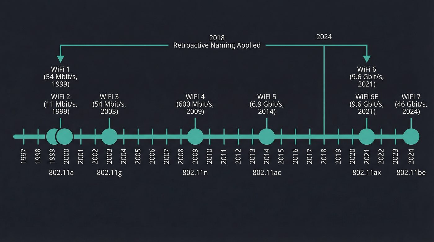 WiFi standards timeline from 802.11a to 802.11be, with retroactive generational naming applied in 2018